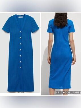 NWT Mango Cobalt Blue Short-Sleeve Button-Down Knit Midi Dress